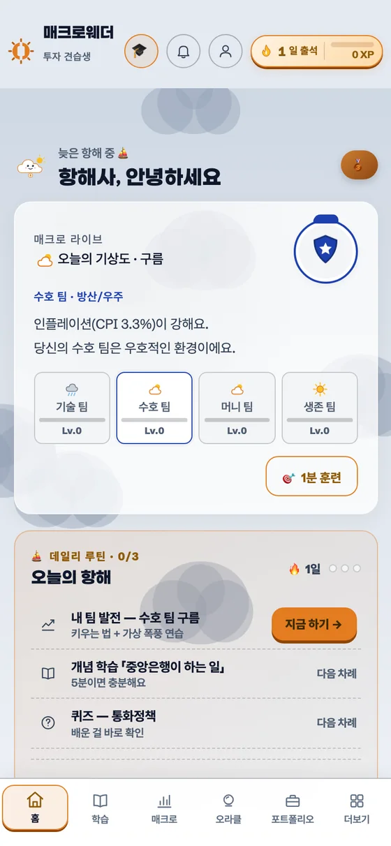 수호 팀 홈 화면 — 오늘의 기상도 구름